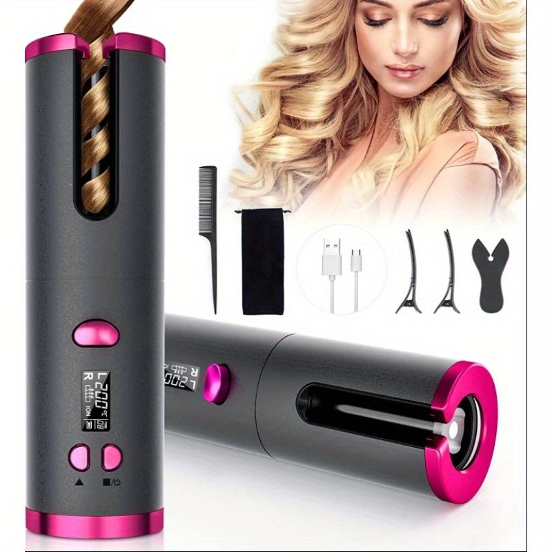 Portable Wireless LCD Display Rechargeable Ceramic Heating Antiperm Hair Curlers Automatic Electric Power Source Curling Irons