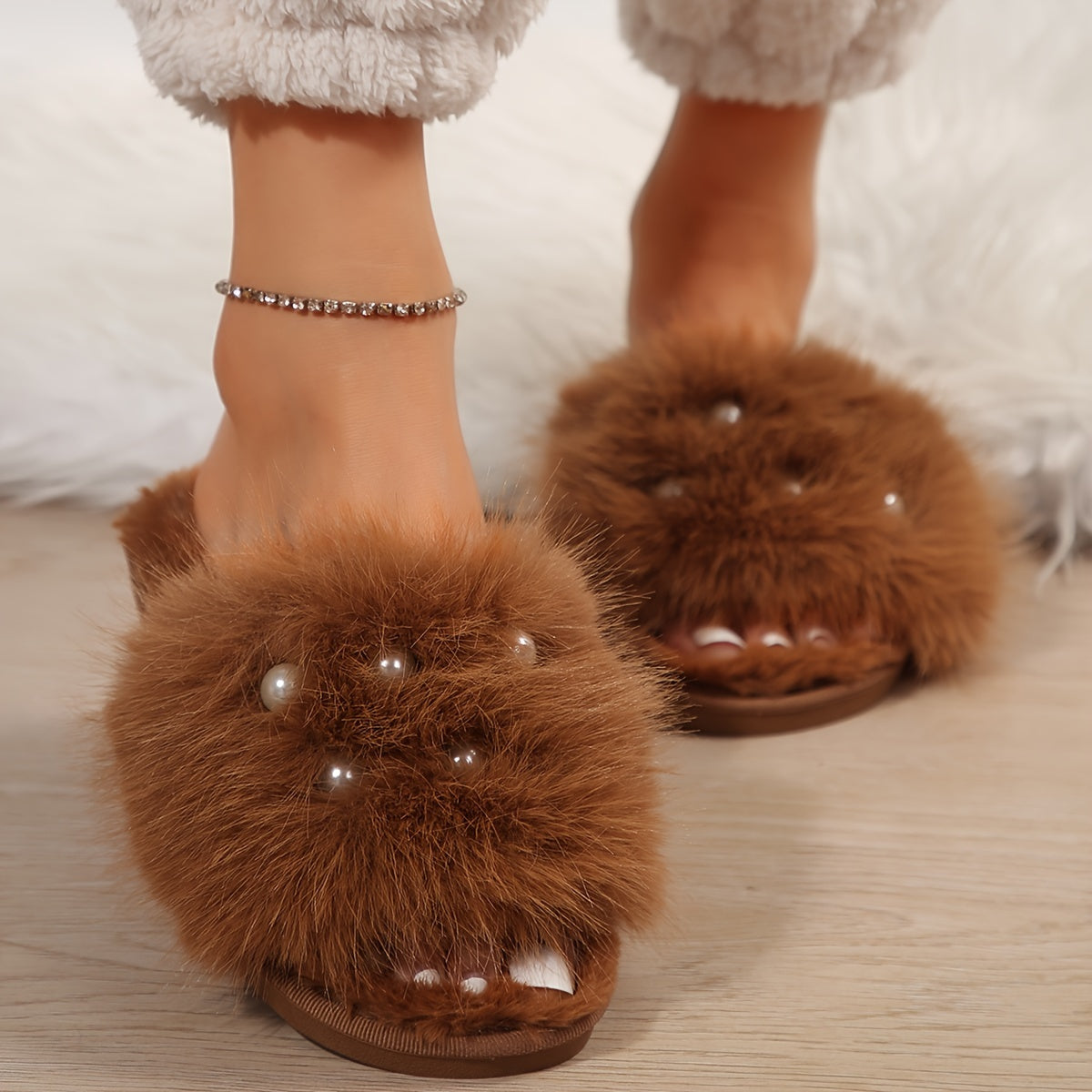 Fuzzy Faux Pearl Home Slippers, Soft Sole Plush Lined Indoor Shoes, Non-slip Floor Mute Slippers, Winter & Autumn