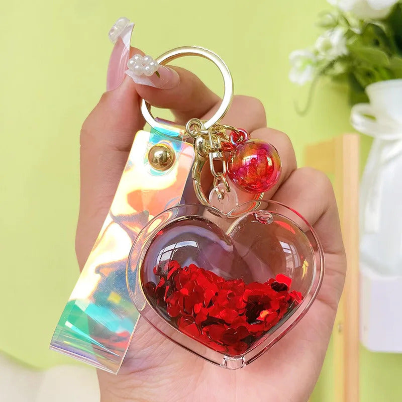 Acrylic Heart-Shaped Keychain with Quicksand Glitter, Trendy Fashion Bag Accessory, Exquisite Cute Keyring with Love Theme
