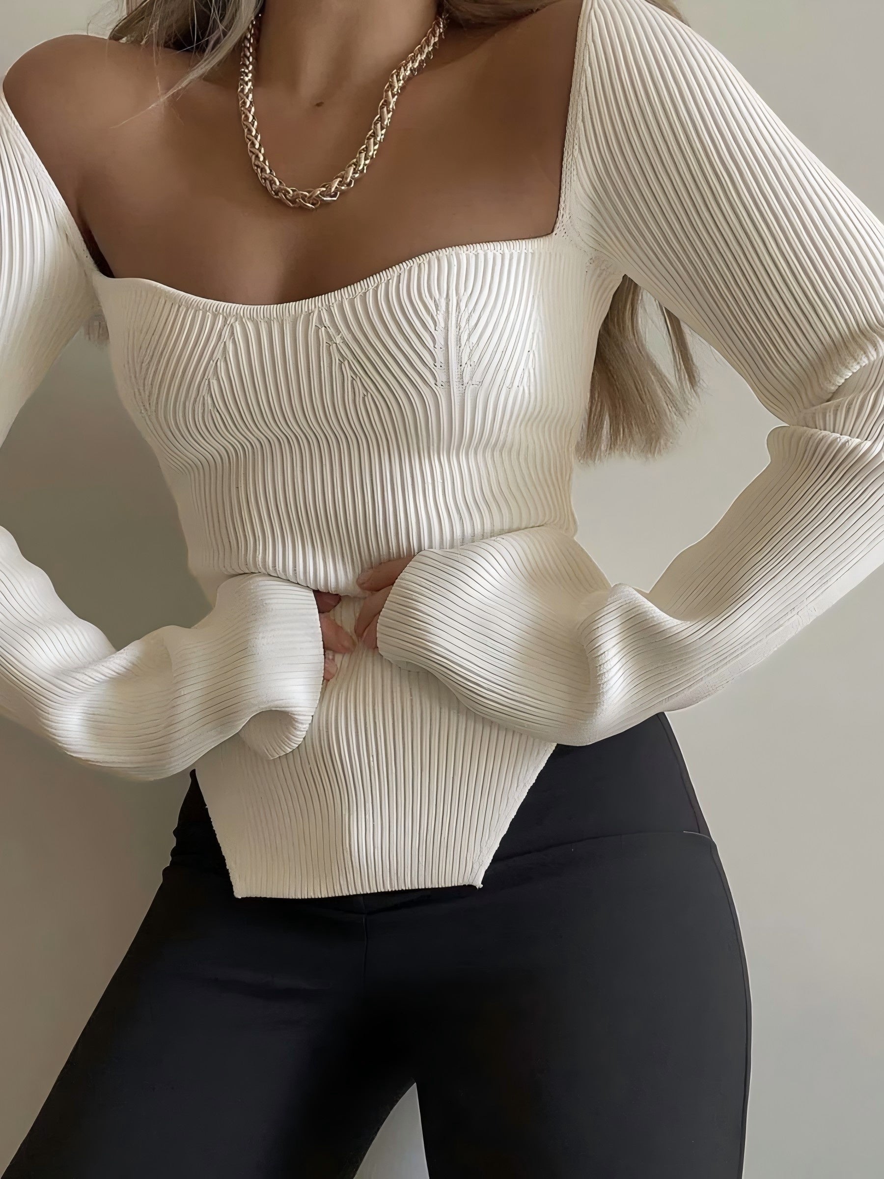 Asymmetrical Hem Sweetheart Neck Sweater - Elegant Long Sleeve Sweater For Fall & Winter - Women's Clothing - Soft & Cozy Fabric - Perfect Gift for Women