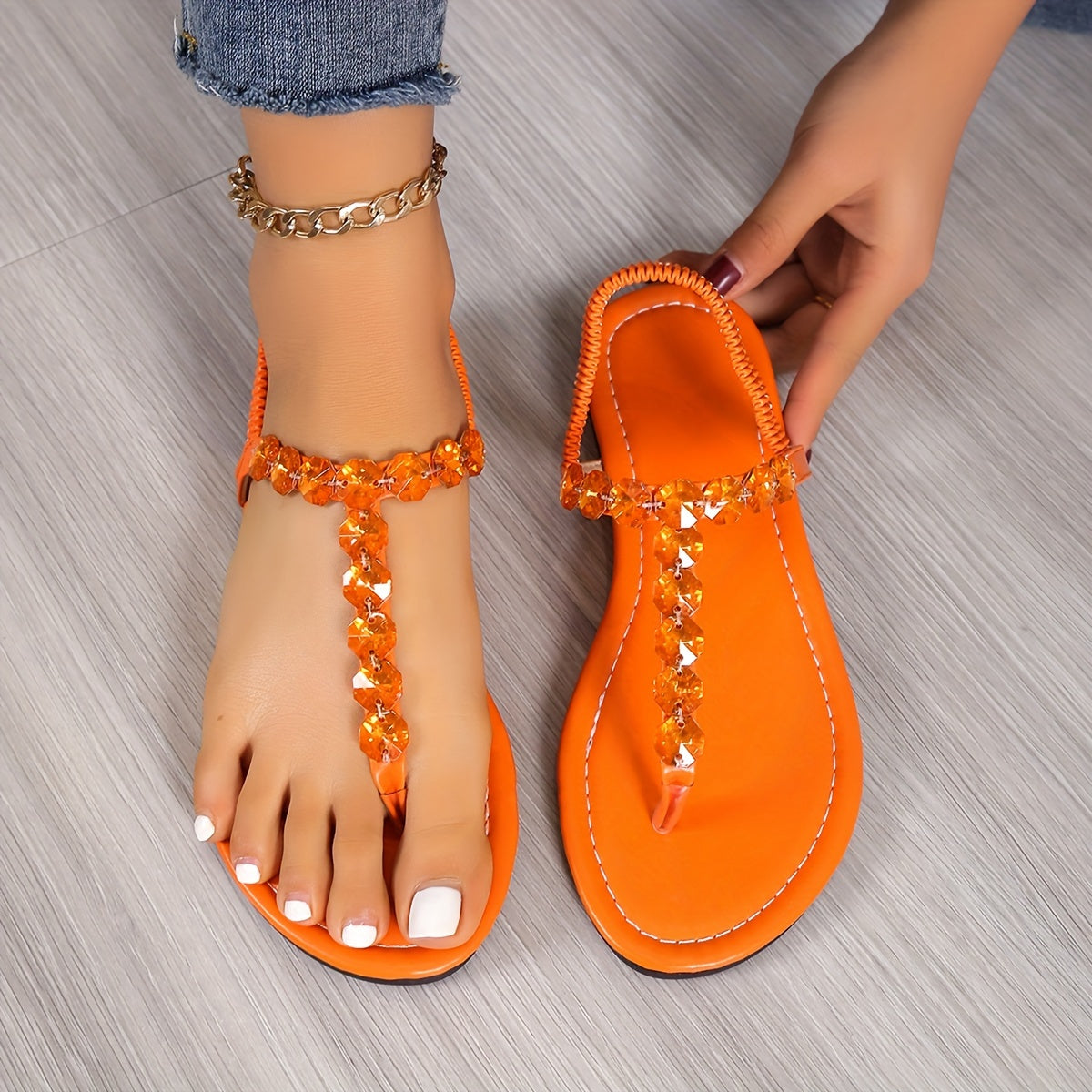 Elegant Golden Beaded Women's Flat Sandals - Handcrafted Clip Toe with Rhinestone Accents, Faux Cover Straps, Summer Roman Style Slides, Large Size 43, Ladies Sandals