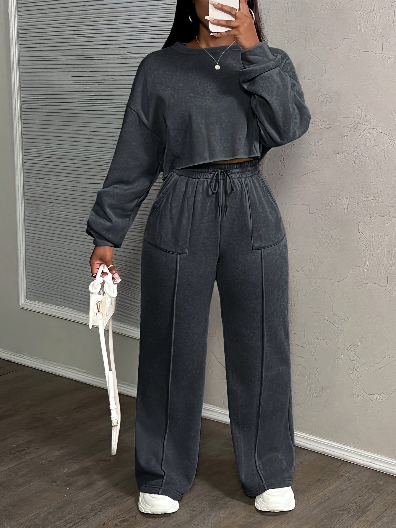 Women's Solid Color Casual Street Style Loose Pocket Drawstring Sports Suit