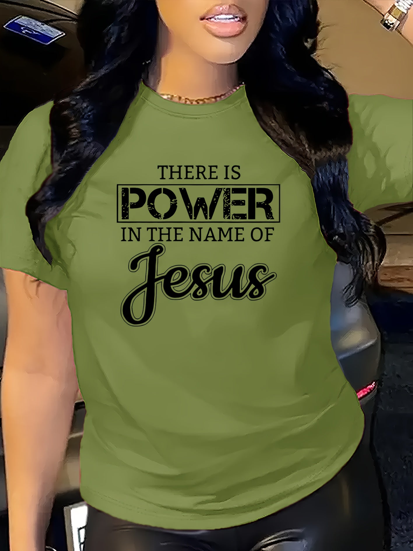 Women's Inspirational Jesus Power Quote T-Shirt - Casual Crew Neck, Short Sleeve, Beige Polyester Tee with Artistic Letter Print, Machine Washable, Casual Wear|Graphic Tee|Polyester Fabric