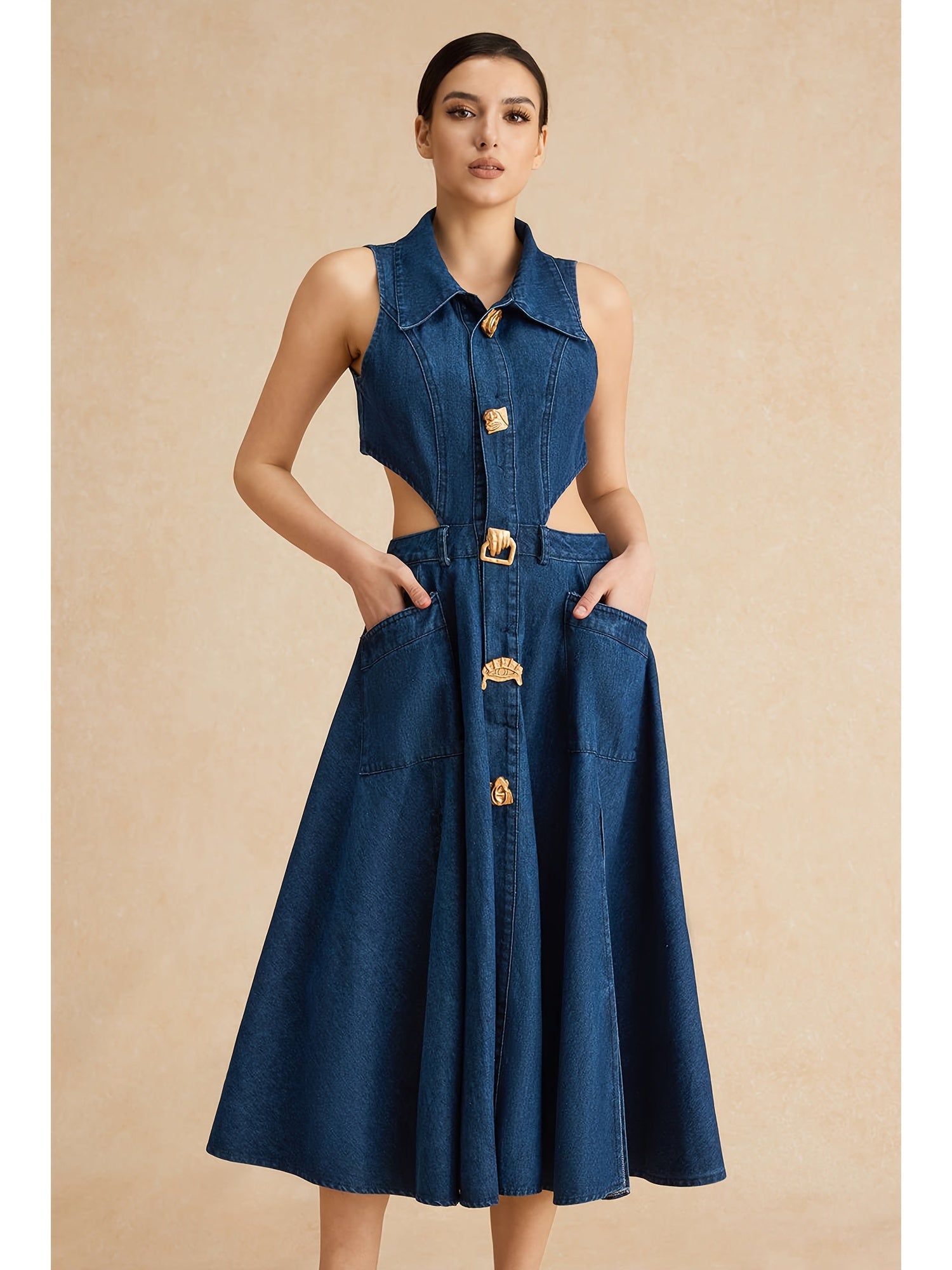 Women's Sleeveless Denim Dress with Waist Cut-Out & Slit Hem - Mid-Length Casual Summer Dress Featuring Metal Buttons, Square Neckline & Machine Washable Design, Jeans Dress, Everyday Fashion, Structured Fabric, Elegant Decor