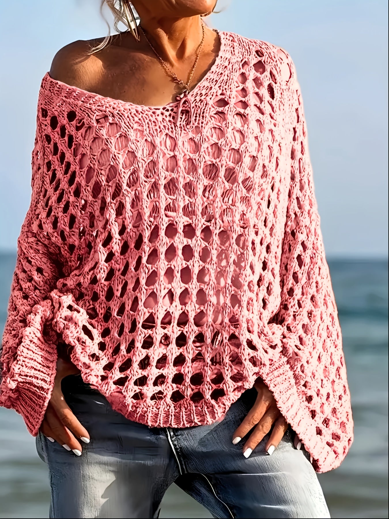 [Beach-Ready] Women's Crochet Knit Top | Long Sleeve | Polyester | Breathable | Casual | Spring & Summer