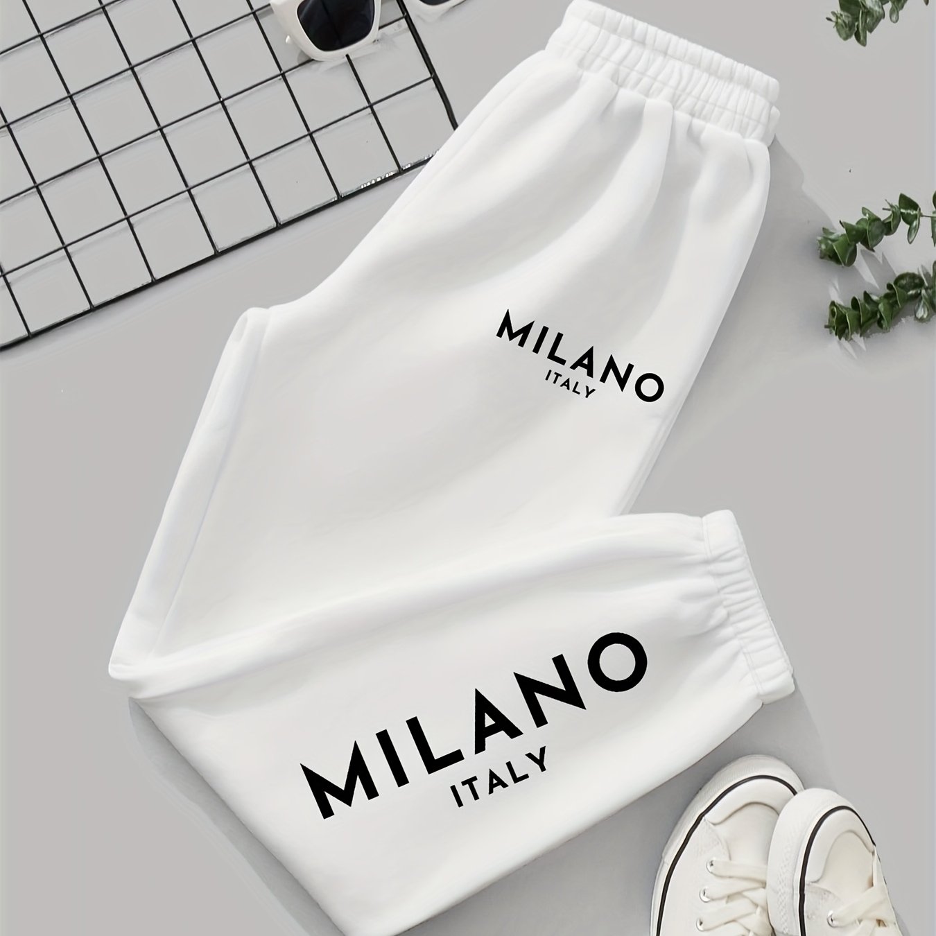 Milano Italy Printed Women'S Jogger Pants, Casual Knit Polyester 100% Fabric, 190g/m², All-Season, with Pockets, Fashionable Long Jogging Trousers for Adult