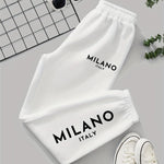 Milano Italy Printed Women'S Jogger Pants, Casual Knit Polyester 100% Fabric, 190g/m², All-Season, with Pockets, Fashionable Long Jogging Trousers for Adult