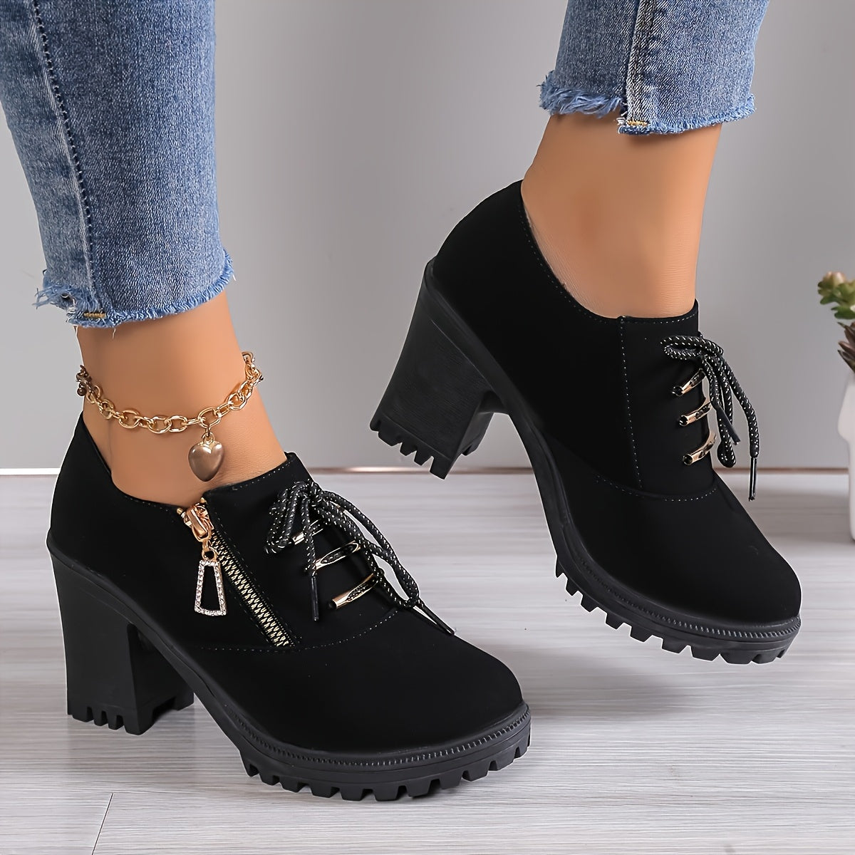 1pc Women'S High Heel Ankle Booties - Solid Color, Block Heel, Plain Toe, Man-Made Upper, Fabric Inner, Rubber Sole, Fabric Insole, with Zipper Closure - For Women - Suitable for Autumn Winter - Perfect for Parties & Casual O