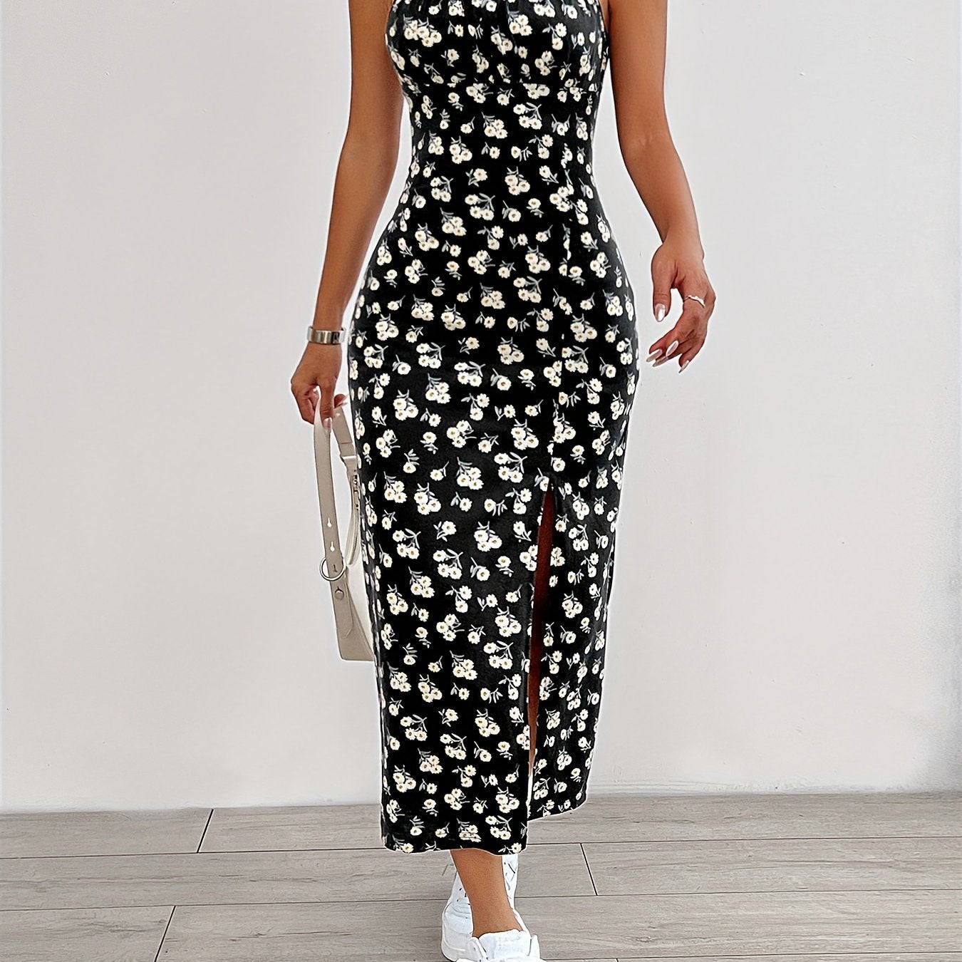 Floral Print Split Hem Cami Dress - Elegant Sleeveless Spaghetti Strap Dress For Spring & Summer - Women's Clothing - For Women - Perfect for Casual & Party Occasions - Ideal Gift for Her