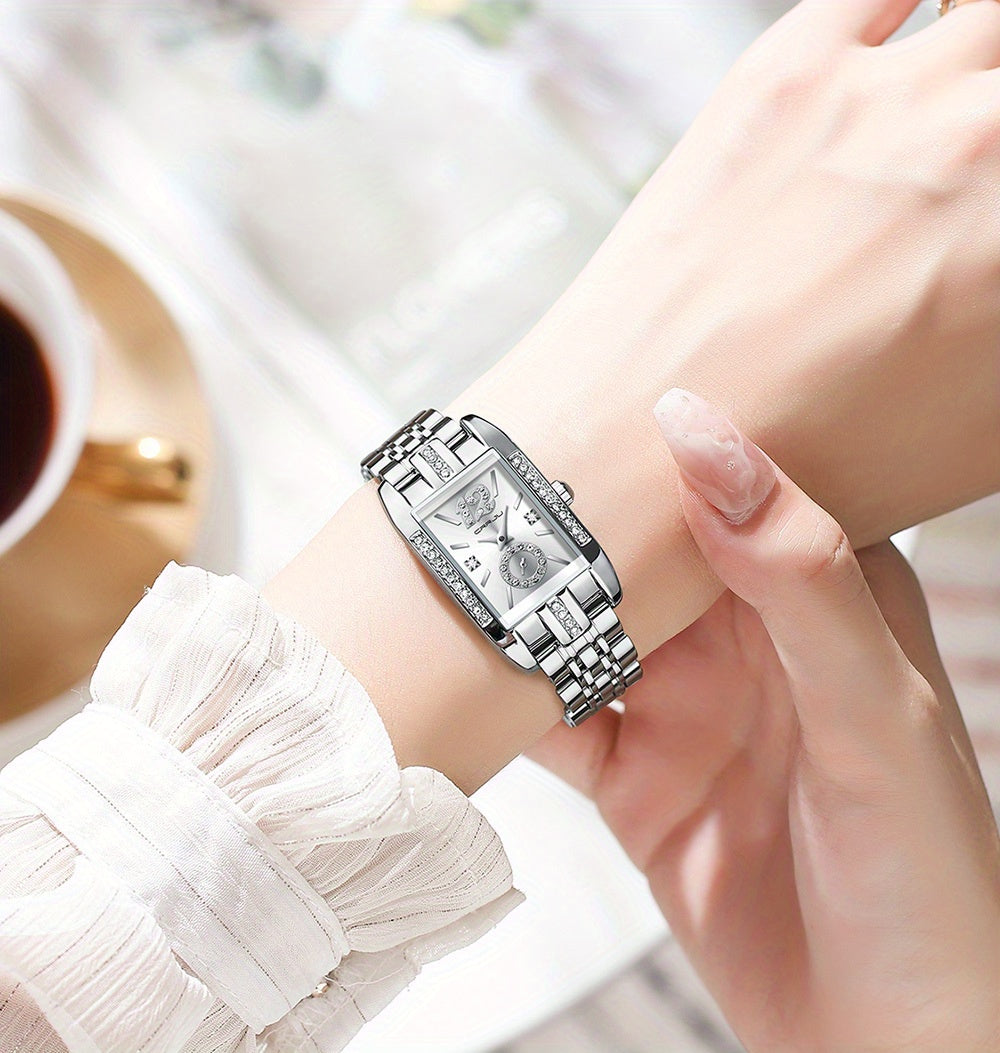 Stainless Steel Women's Luxury Watch, Elegant Rectangle Pointer Analog Quartz Rhinestone WR Wrist Watch