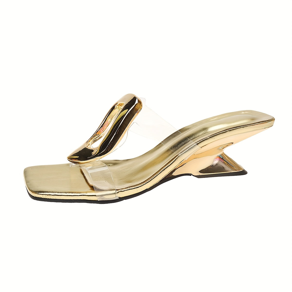 1 Pair Women's Stylish Open-Toe High Heel Sandals with Golden Buckle Strap, Mid-Heel Summer Slip-Ons in PU Cover, Comfortable Rubber Sole for Casual or Formal Occasions, Chunky Heel Sandals
