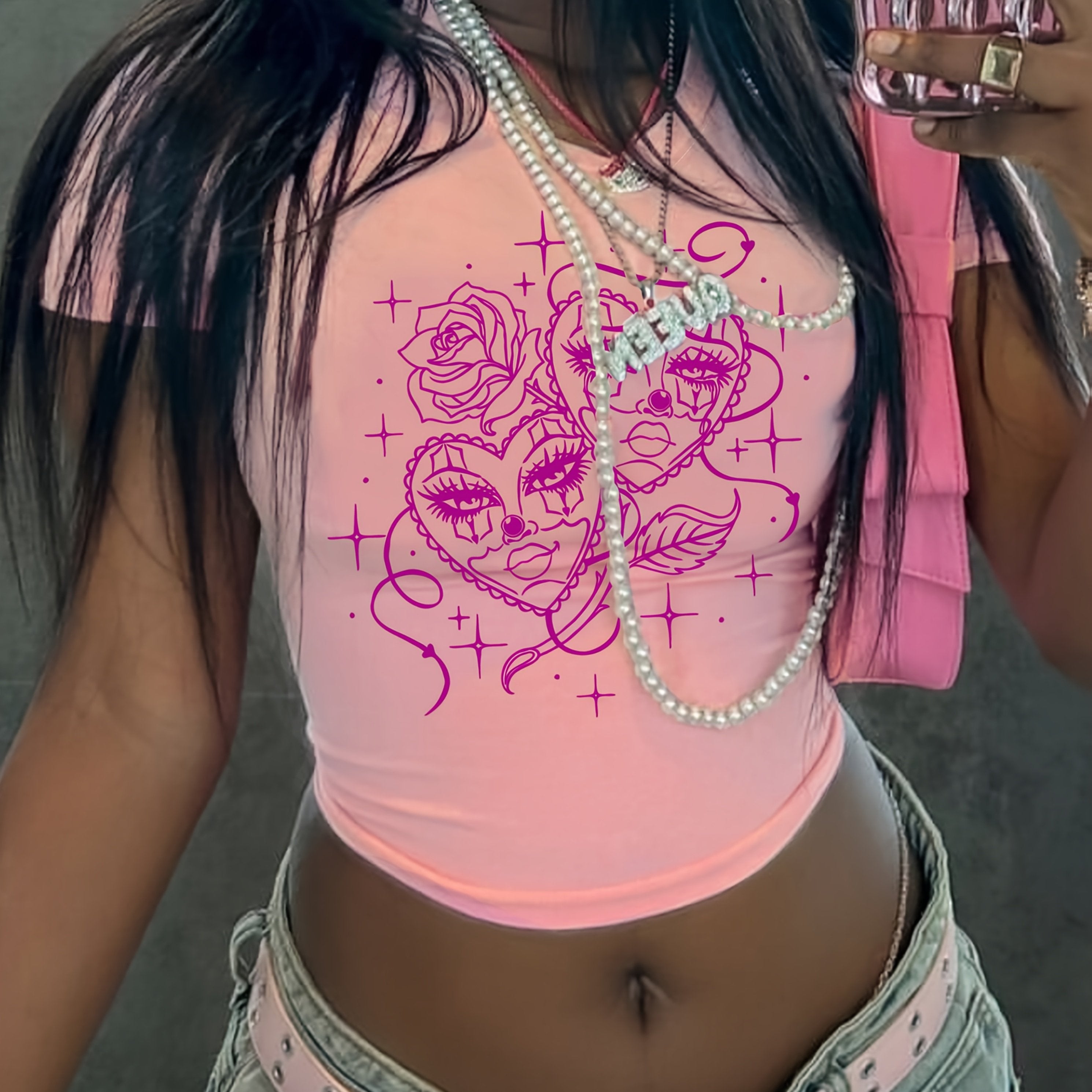Y2K Rose Mask Graphic Crop Top T-Shirt - White with Purple Heart & Floral Print Design, Short Sleeve, Breathable Polyester Blend, Machine Washable, Women’s Fashion, Casual Wear | Graphic Tee | Semitransparent Material