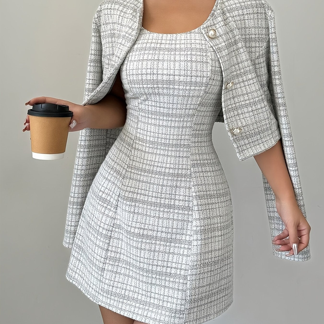 Women'S Elegant Plaid Dress and Jacket Set - A-Frame Mini Dress with Button Front, Stretchy Polyester Fabric, Perfect for Fall and Winter, Stylish and Comfortable Outfit|Chic Mini Dress|Buttoned Jacket, Cute Dresses