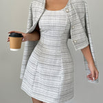 Women'S Elegant Plaid Dress and Jacket Set - A-Frame Mini Dress with Button Front, Stretchy Polyester Fabric, Perfect for Fall and Winter, Stylish and Comfortable Outfit|Chic Mini Dress|Buttoned Jacket, Cute Dresses