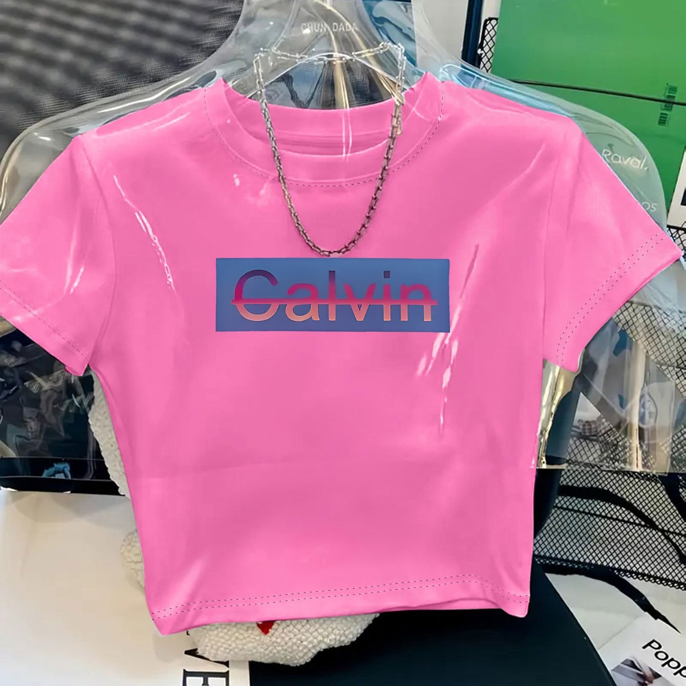Women's Y2K Style Cropped T-Shirt with Bold CALVIN Monogram Print - Vibrant Red & Blue Lettering, Soft Comfortable Fabric, Machine Washable, Versatile Casual & Dressy Outfits