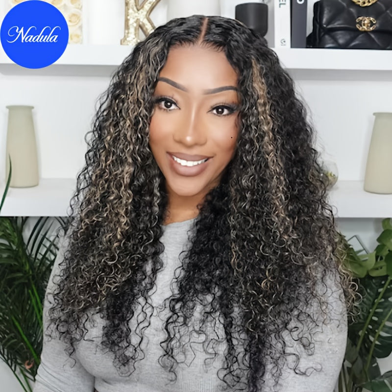 Nadula Glueless Lace Front Wig 7x5 Lace Invisible Knots Human Hair Black And Blonde Highlights 4C Curly Put On And Go Pre Cut Lace Closure Wig 200% Density with Babyhair