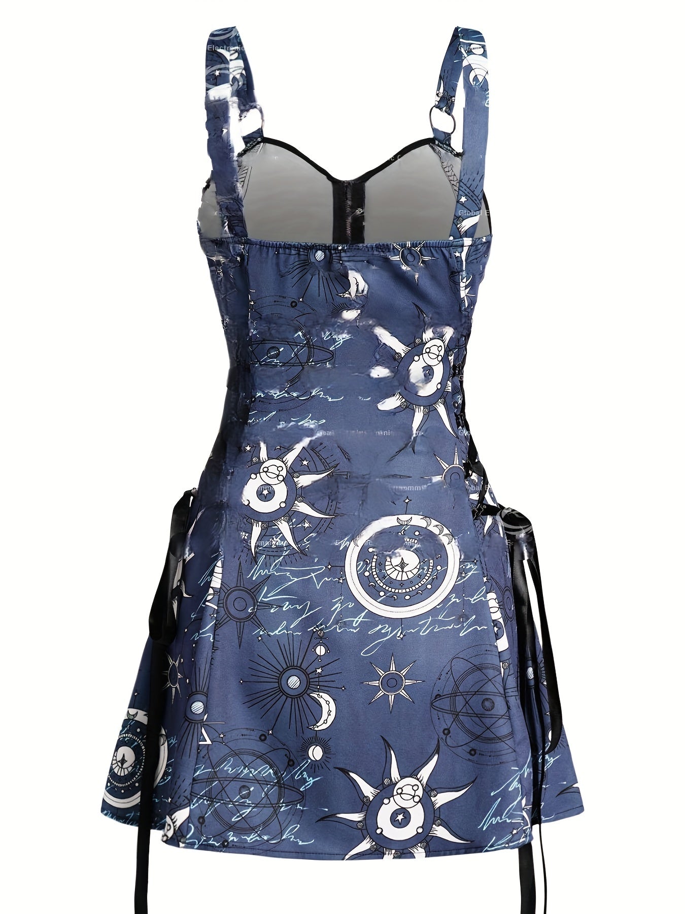 Sun & Moon Print Dress, Casual Ring Linked Backless Dress, Women's Clothing For Party Dressing