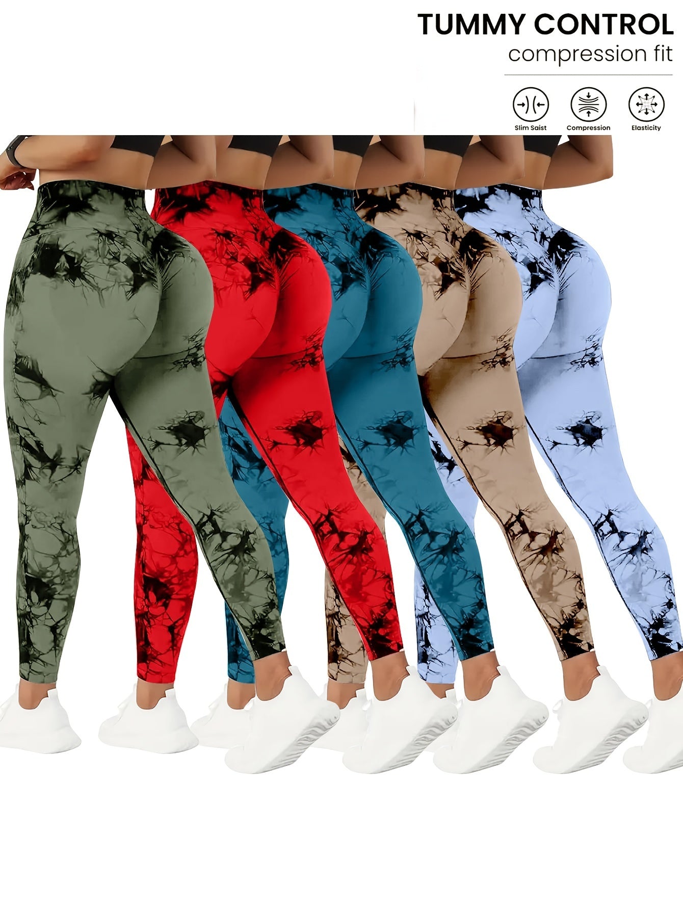 [5-Pack Tummy Control Yoga Pants] 5-Pack High Waist Tummy Control Yoga Pants For Women, Summer Tie.Dye Fitness Leggings, Stretchy Running Peach Lift Workout Tights, Assorted Colors