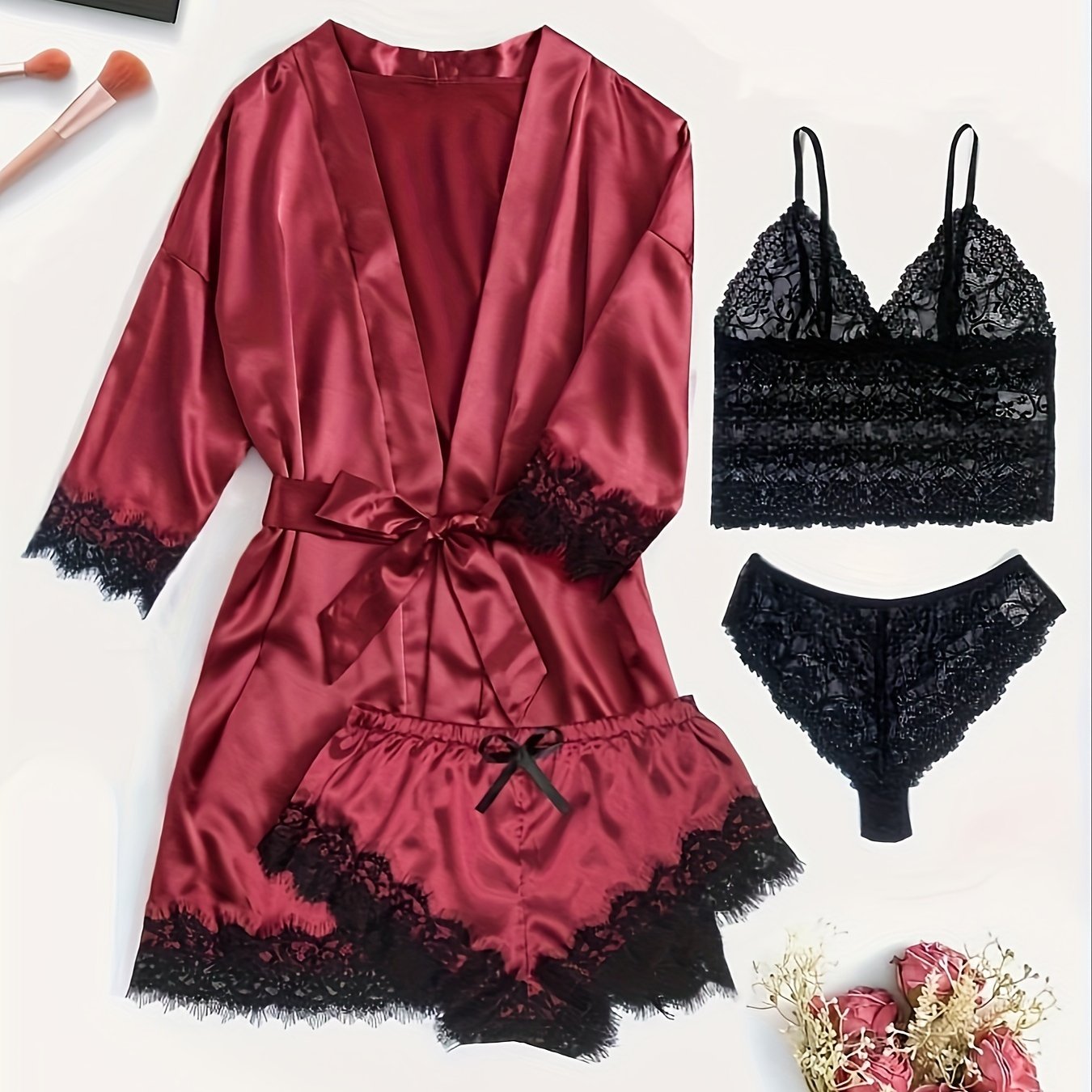 Three Quarter Sleeve Satin Elegant Lounge Set, Contrast Lace Robe With Belt, Cami Bra, Panty, and Elastic Shorts, Women's Loungewear