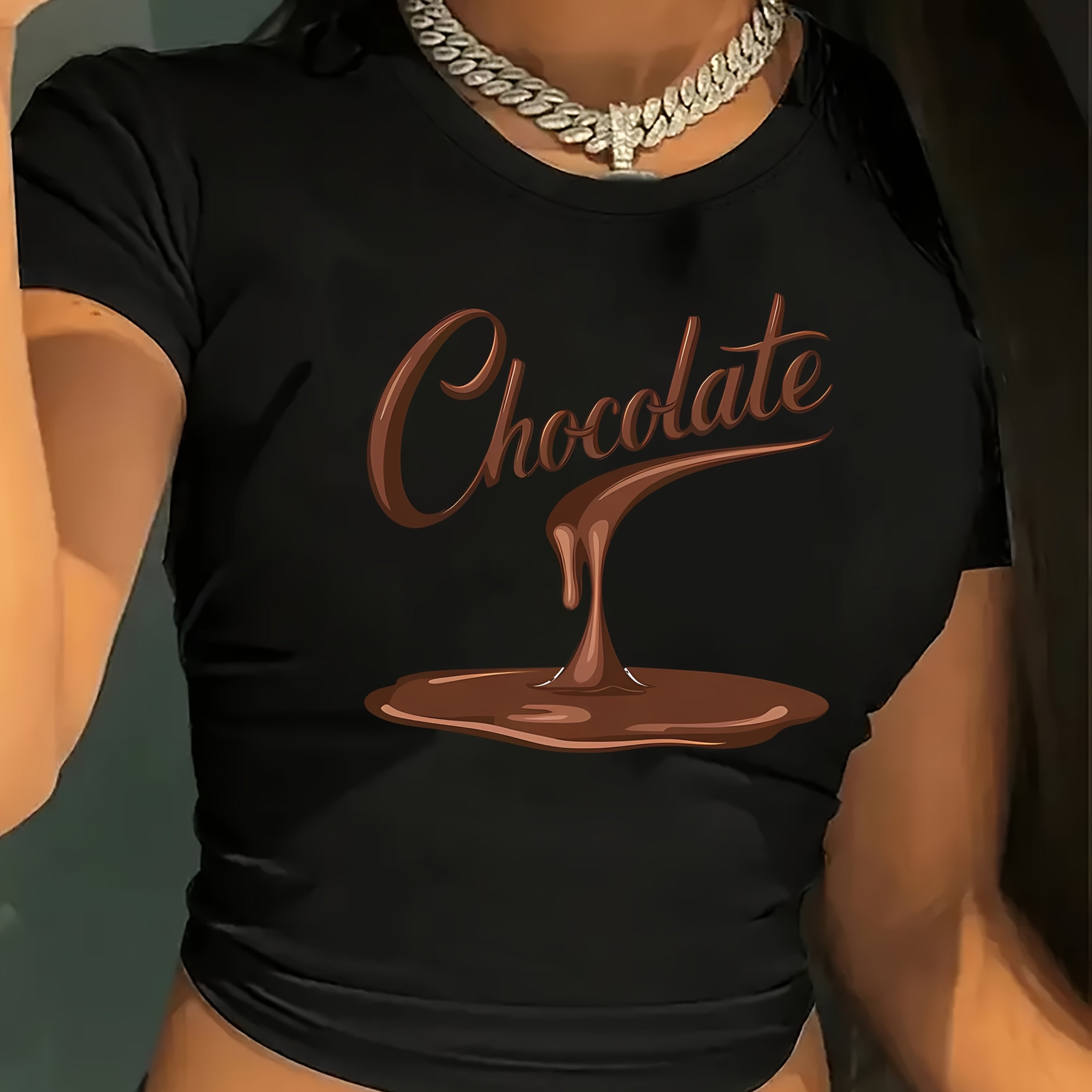 Women'S Y2K-Inspired "Chocolate" Graphic Tee - Black Short Sleeve Crew Neck T-Shirt with Playful Design, Perfect for Spring & Summer, Casual Wear|Chocolate Theme|Short Sleeve Shirt