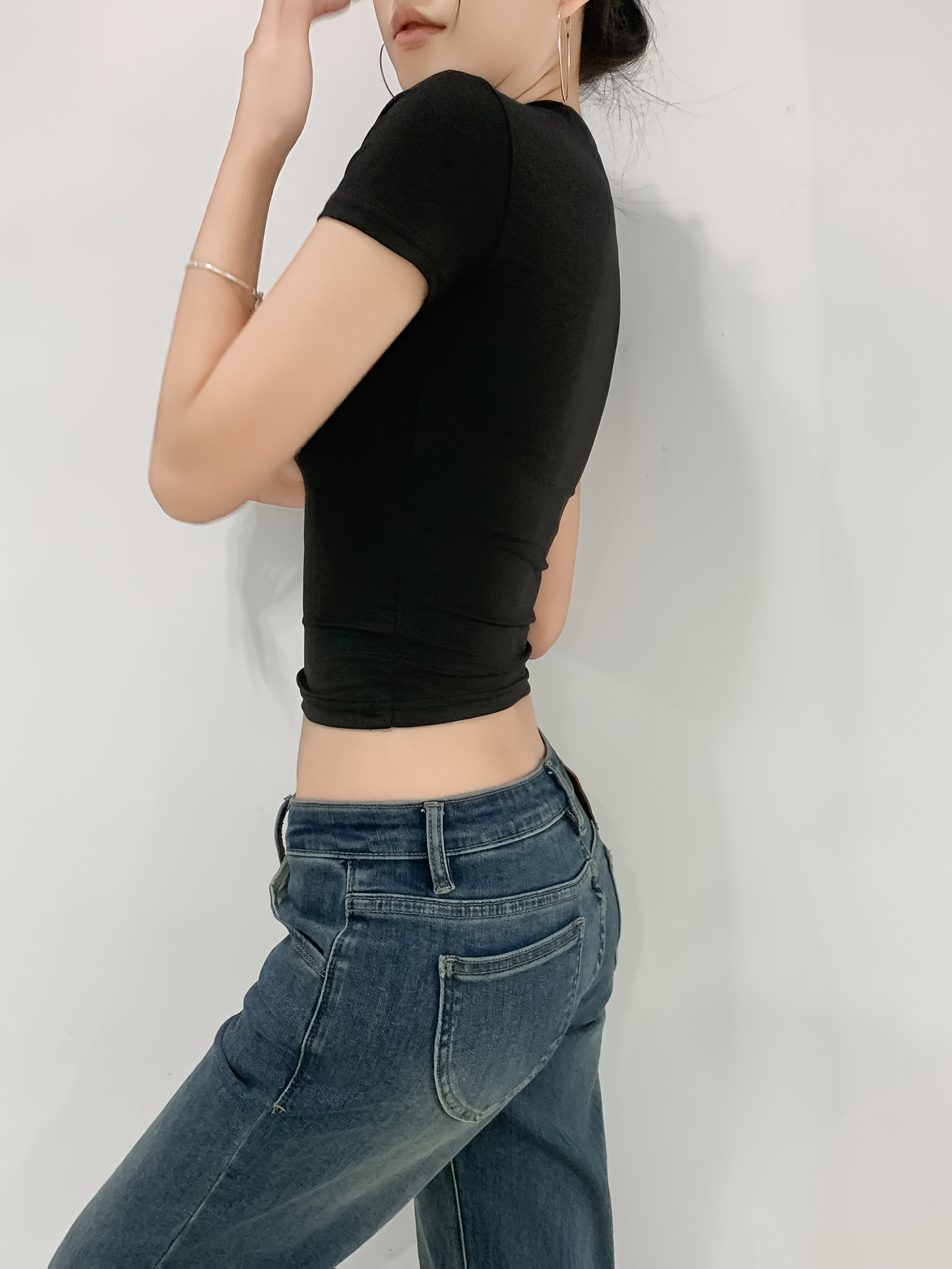 Women's Cropped T-Shirt - Sexy Slim Fit Short Sleeve Top with Round Neck, Medium Stretch Fabric, Machine Washable, Solid Color Summer Casual & Evening Wear