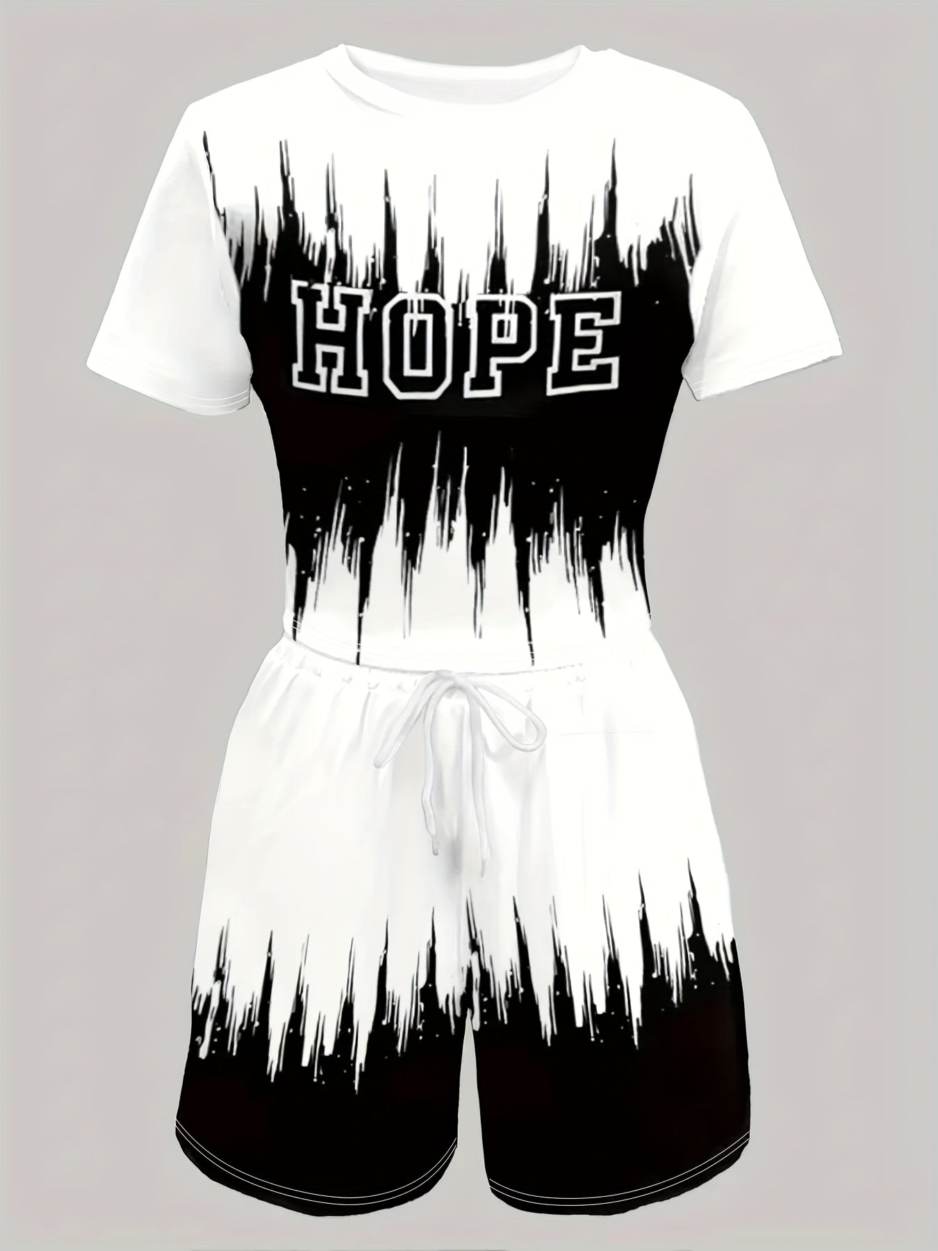 A Stylish Two-Piece Set for Women Featuring a Short-Sleeve Top with a Gradient Letter Pattern And Matching Shorts.