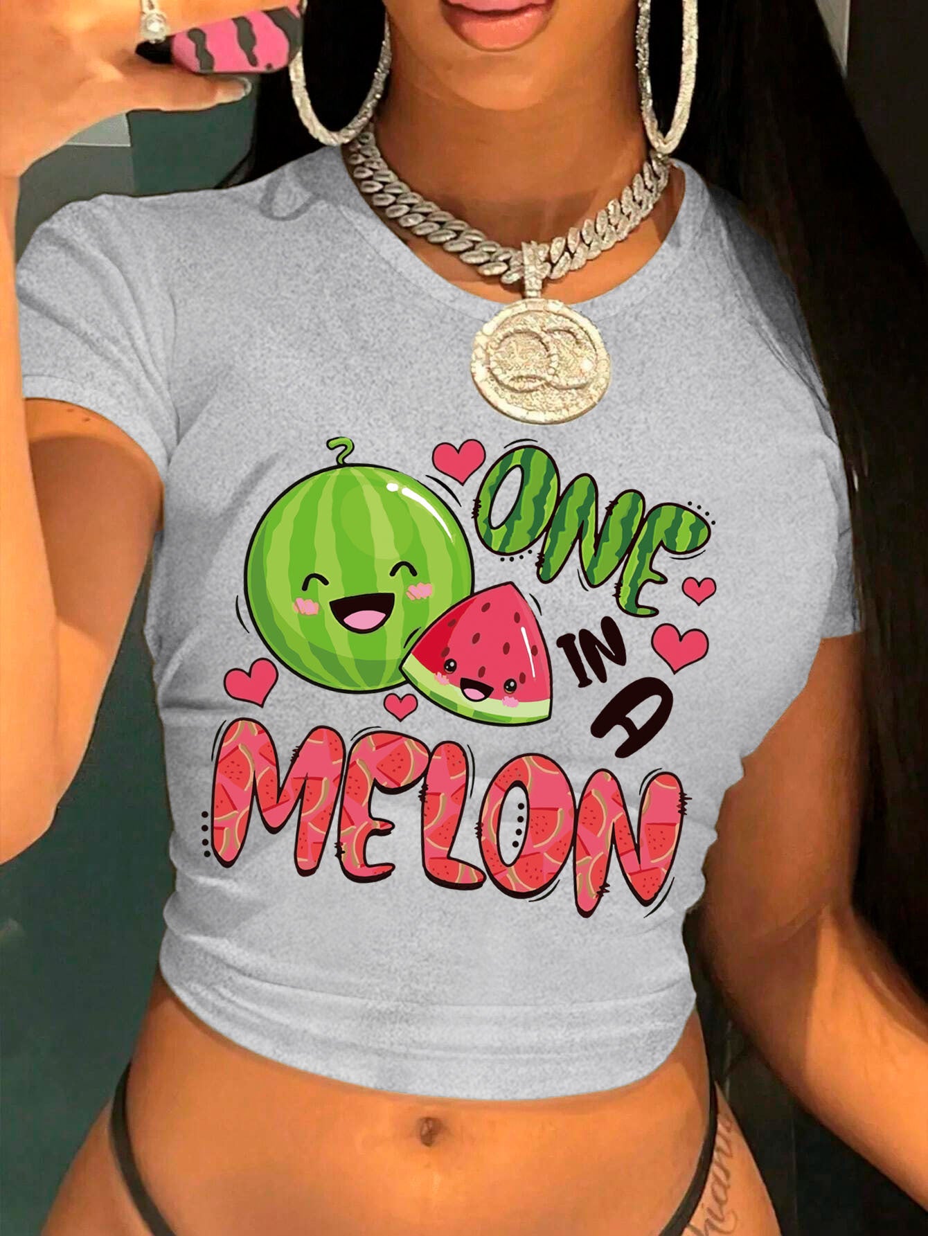 Women's Y2K Graphic Print Cropped T-Shirt - "ONE IN A MELON" Watermelon & Hearts Design, Light Grey Short Sleeve Crop Top, Machine Washable Casual Summer Tee, Tiktok Style Clothing | Crop Top Style | Nontransparent Fabric, Cu