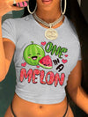 Women's Y2K Graphic Print Cropped T-Shirt - "ONE IN A MELON" Watermelon & Hearts Design, Light Grey Short Sleeve Crop Top, Machine Washable Casual Summer Tee, Tiktok Style Clothing | Crop Top Style | Nontransparent Fabric, Cu