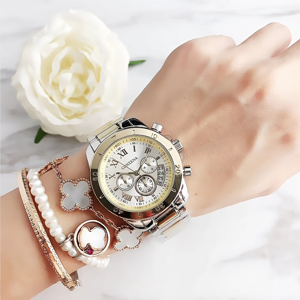Quartz Watch For Women Stainless Steel Wrist Watch Alloy Pointer With Bracelet Set For Gifts Women daily uses Gifts For Eid
