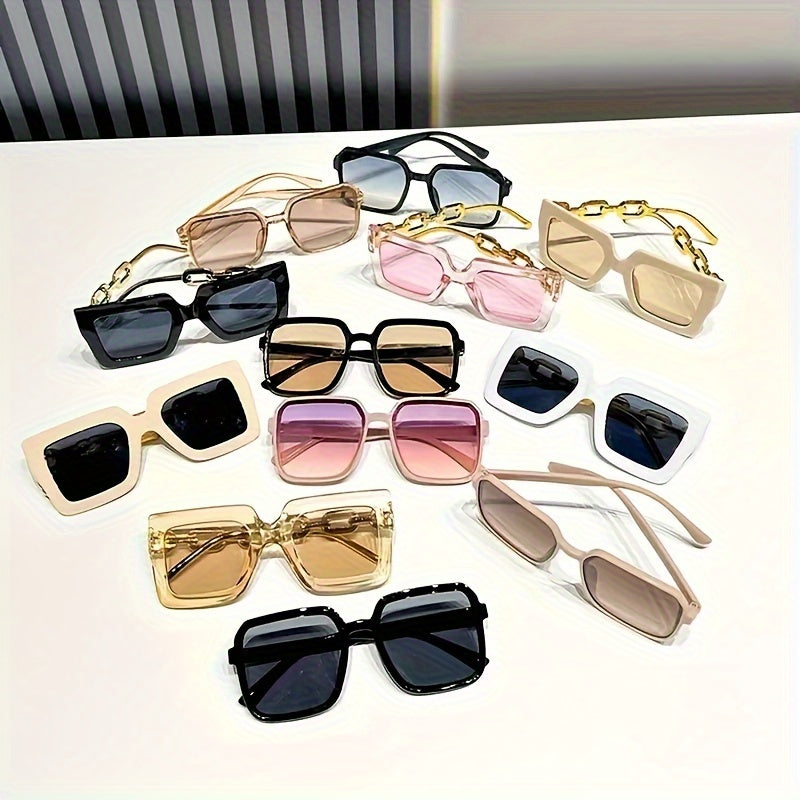 12pcs Large Frame Golden Chain Temples Fashionable Glasses Large Square Frame Dopamine Color Matching Decorative Glasses 12 Pairs Of Glasses Set Suitable for Family Couples Nightclub Matching Party Shop Wholesale