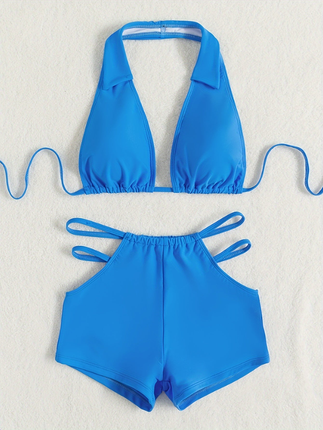 2-Piece Blue Halter Neck Tie Back Hollow Out Backless Bikini Set - Chic Swimwear for Women with Shorts, Comfortable and Stylish Swimwear for Summer Vacation