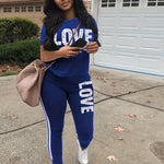 Women's Casual Polyester Knit Sweatpants Set with Round Neck and Alphabet Letter Print, Spring/Summer Collection - Love Letter Design - For Women - Made of Polyester - Perfect for Casual Wear & Loungewear - Ideal Gift for Fas