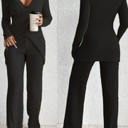 2025 Hit A Women'S Suit with an Irregular Design Exuding a High-End Feel. It'S a Two-Piece Set Featuring a Comfortable Long-Sleeved Top Paired with Wide-Leg Pants.