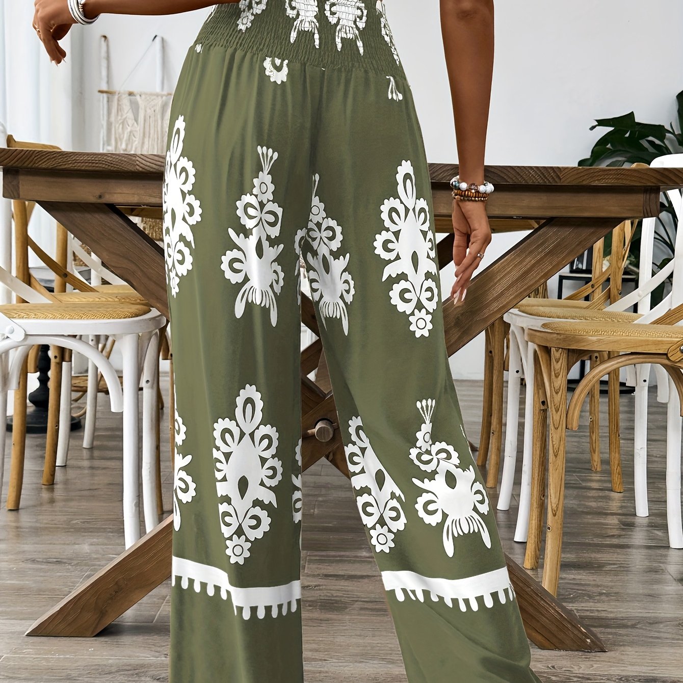 Women's Navy & White Floral Print Wide-Leg Pants with Elastic Waist Drawstring & Smocking Detail - Machine Washable All-Season Elegant Casual Trousers for Women, Comfortable Fashion, Smooth Texture Fabric