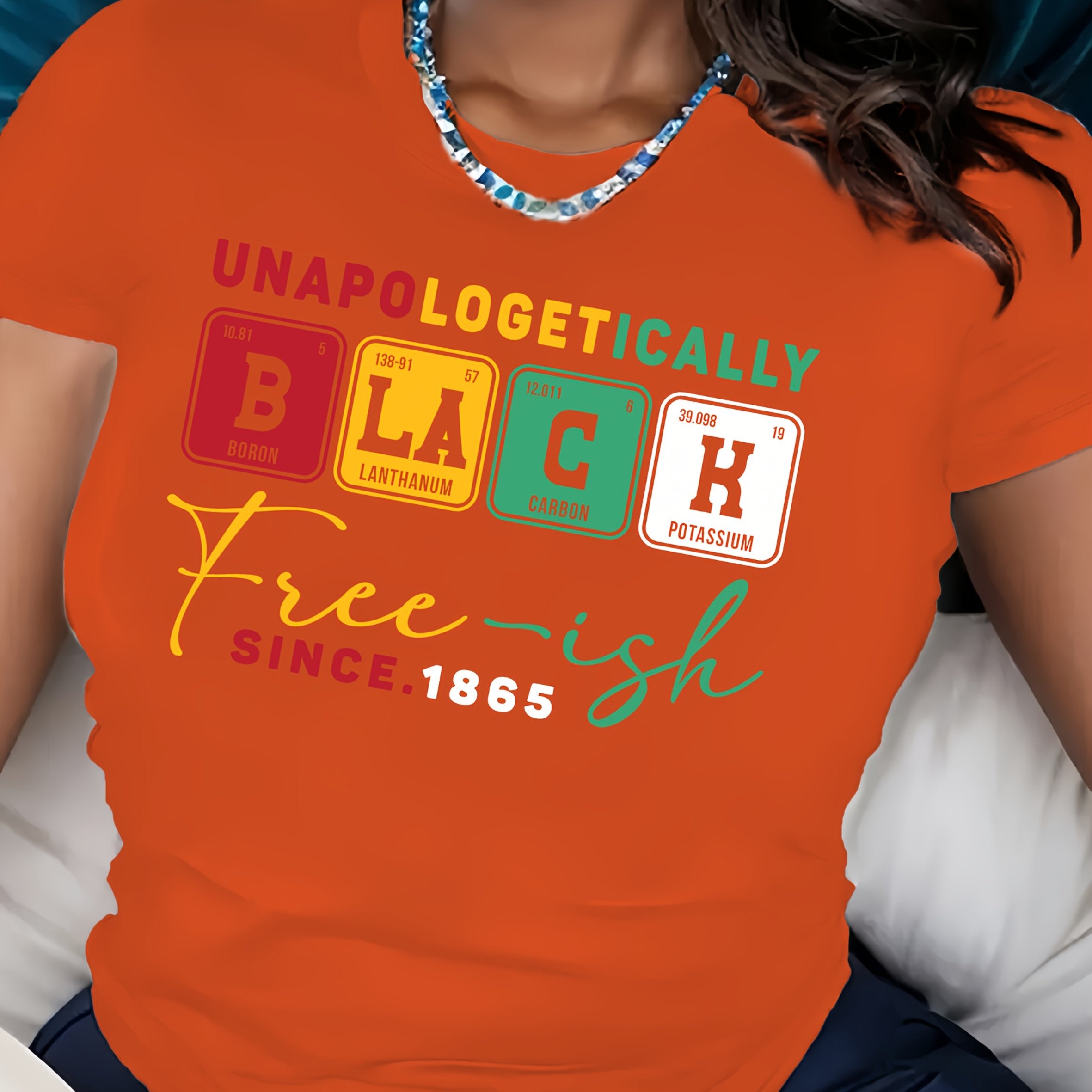 Unapologetically Black Free-ish Since 1865 Graphic Print Women's T-Shirt, Casual Short Sleeve Crew Neck Top for Spring & Summer, Lightweight Polyester, Vibrant Periodic Table Design, Machine Washable