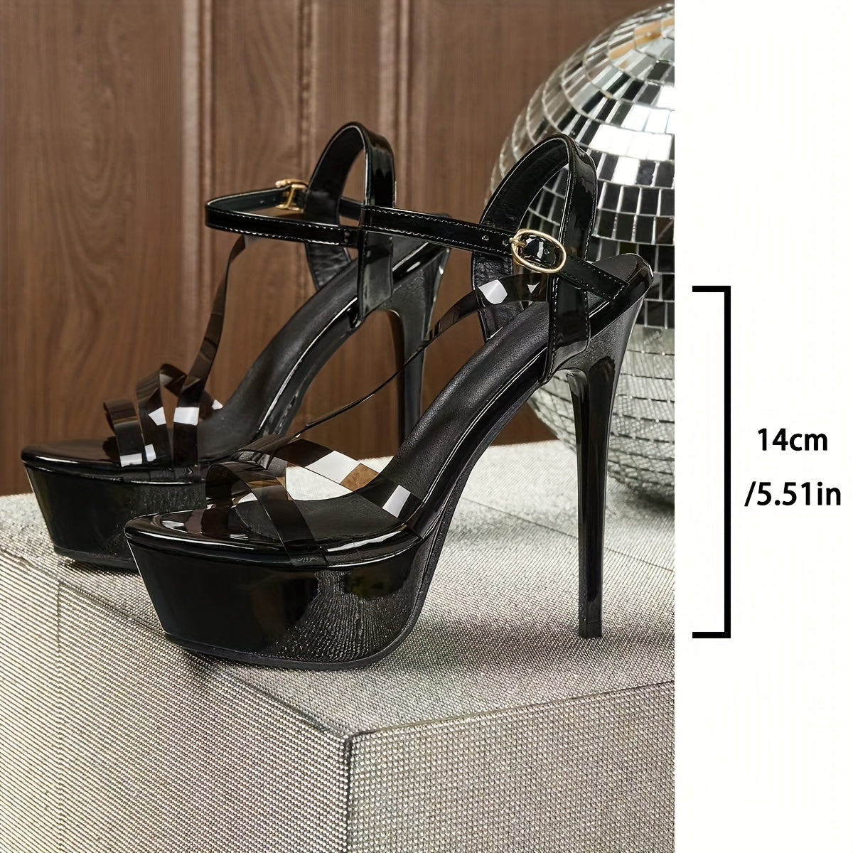 Women's Summer Black Platform Stiletto Heel Sandals - Open Toe Ankle Strap with Adjustable Hook-and-Loop Closure, Cushioned Insole & Non-Slip Rubber Sole, Elegant PU Cover Dress Shoes for Parties, Events, Casual Outings, Fash