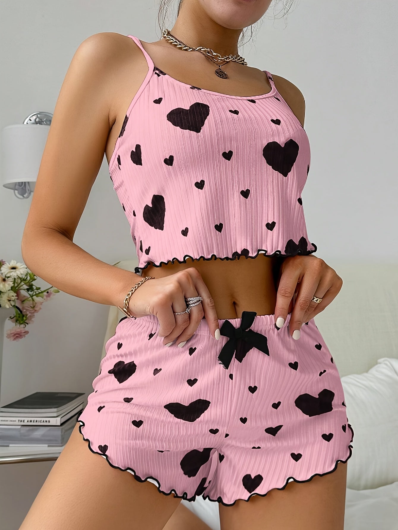 Elegant Women's Heart Print Pajama Set with Bow Detail - Comfy Polyester & Elastane Blend, Machine Washable - For Women - Perfect for Lounging & Sleep - Ideal Gift for Her