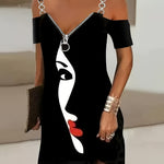 Print Off-Shoulder V-Neck Midi Dress with Chain Straps & Abstract Face Print - Casual Waist-Cinching Pencil Skirt Style for Women, Black with White Portrait Design, Perfect for Spring/Summer/Fall, Seasonal Fashion | Nontransp