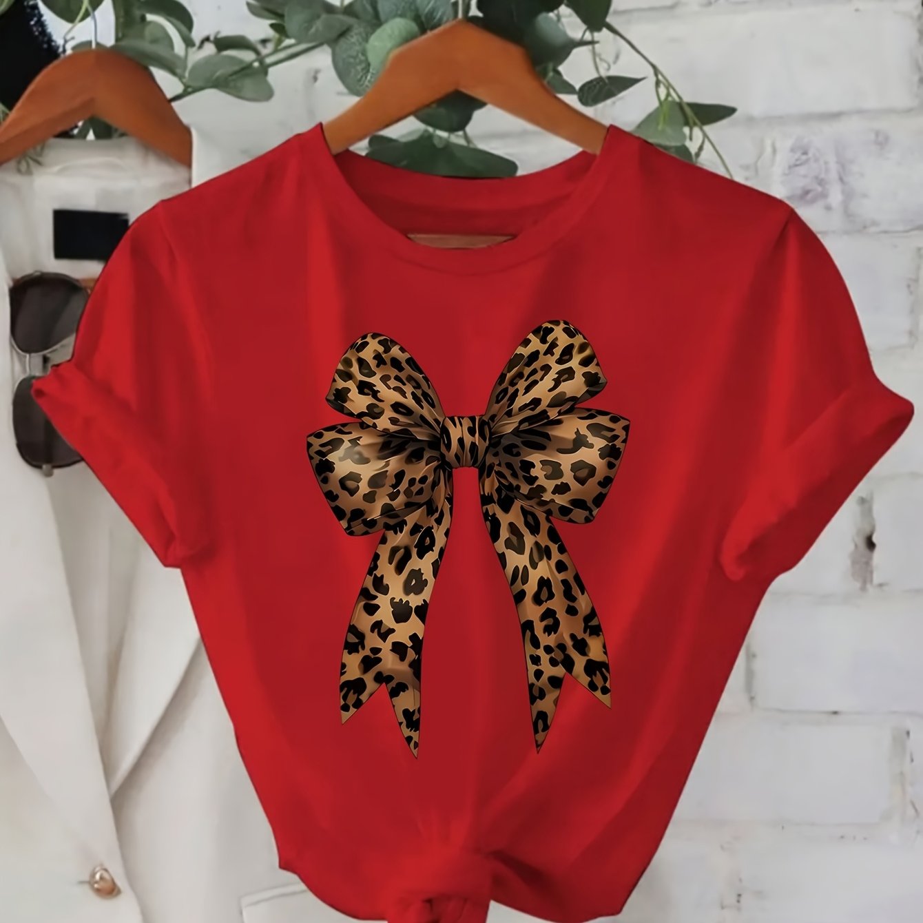Women's Casual Leopard Print Bowknot T-Shirt - Short Sleeve, Round Neck, Soft & Comfortable Fabric, Perfect for Spring/Summer Fashion, Green Graphic Tee with Stylish Bow Design, Casual Wear | Playful Graphic Tee | Stylish Gra