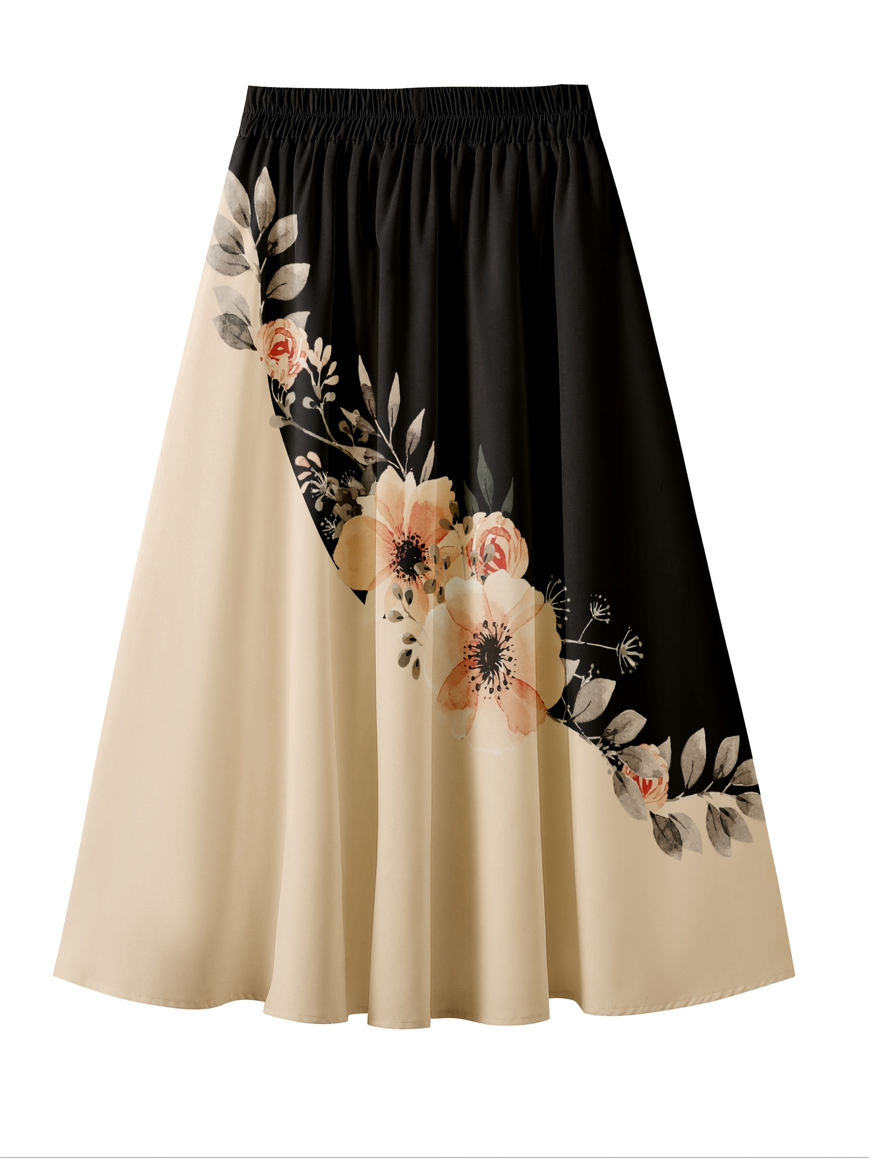Print Midi Skirt with Elastic Waistband - Black & Beige Floral Pattern, Machine Washable, All-Season Versatile Women's Skirt for Casual & Formal Outfits, Casual Wear Skirt | Floral Print Midi Skirt | Structured Pleats