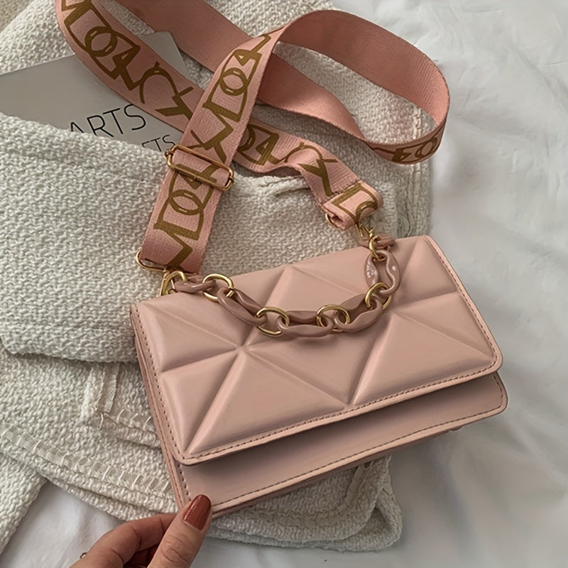 Women's Fashion Chain Shoulder Bag - Quilted Rhombus Crossbody Purse, Faux Leather, Casual Style, Versatile for Daily Commute, Parties, and Outings, Magnetic & Button Closure, Polyester Lining, Adjustable & Replaceable Strap,