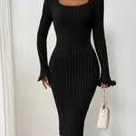 Solid Pattern Bodycon Sweater Dress - Acrylic Blend, Elegant Ribbed Knit, Middle Eastern Style, Lettuce Trim Fluted Sleeves, Square Neckline
