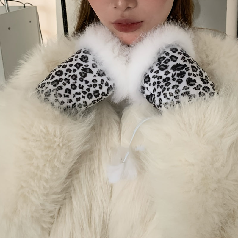 1 Pair of Plush Leopard Print Fingerless Mittens for Women - Cozy & Warm Knit Gloves with Adjustable Lace-Up Wrist, Vintage Harajuku Style, Machine Washable for Autumn/Winter Elegance