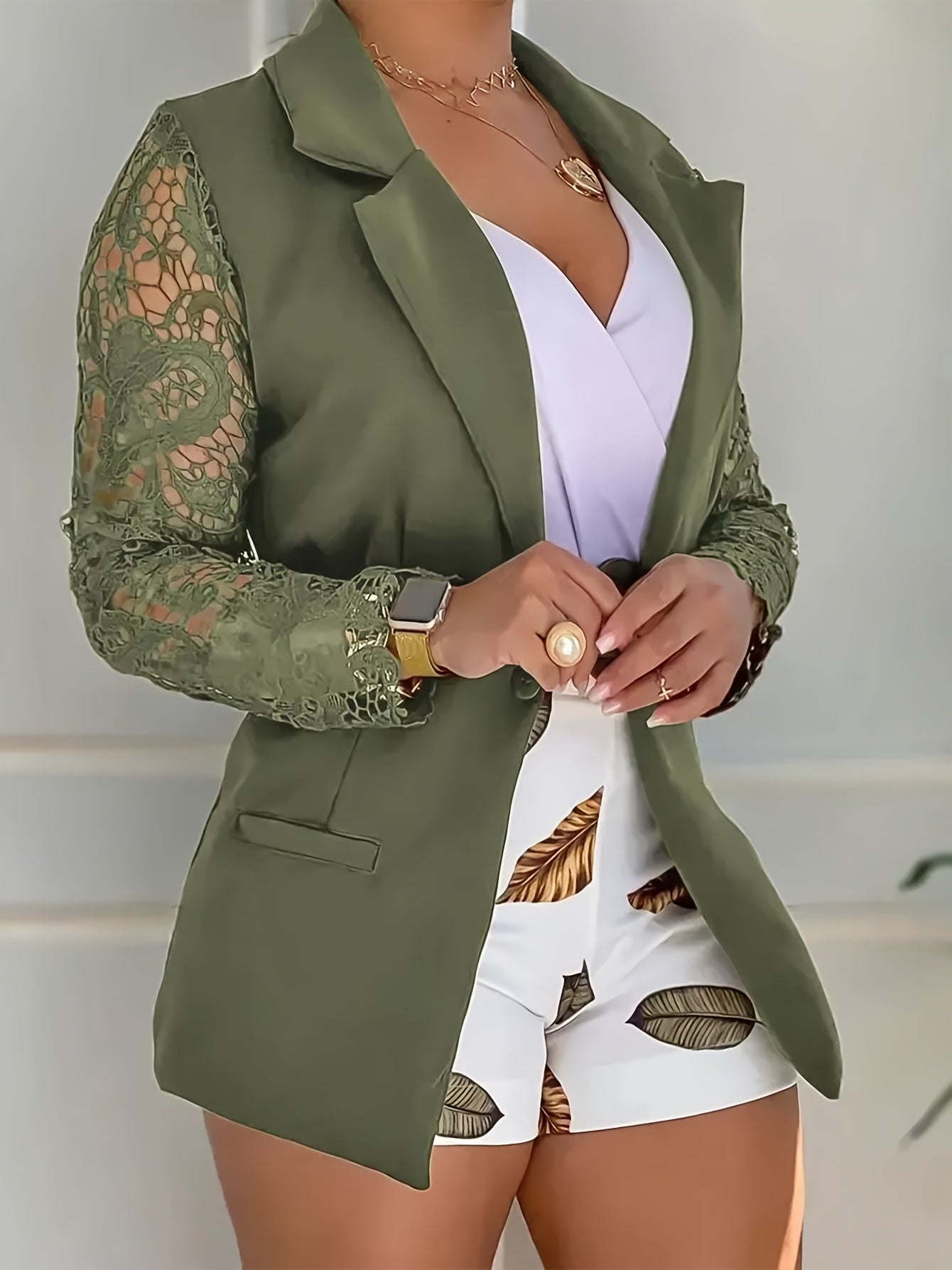 Women's Lace Stitching Long Sleeve Suit Jacket Belt Print Shorts Pants Set