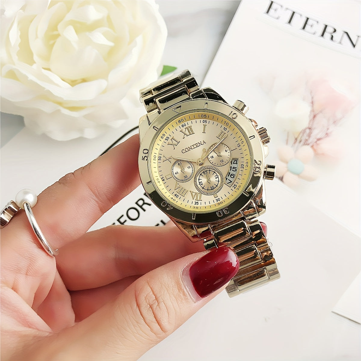 Quartz Watch For Women Stainless Steel Wrist Watch Alloy Pointer With Bracelet Set For Gifts Women daily uses Gifts For Eid
