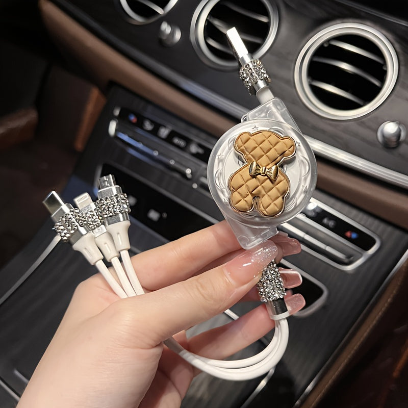 [3-in-1 Fashion USB Charging Cable] 1pc Durcord 3-in-1 Fashion USB Charging Cable, Rhinestone Embellished, Compatible with iPhone 16/15/14/13/12/11, Vivo, Oppo, Xiaomi, Huawei - Trendy Street Style Data Cord without Battery