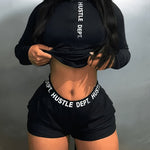 Letter Pattern Casual Two-piece Set, Zip Front Long Sleeve Top & Shorts Outfits, Women's Clothing