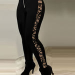 Elegant Women's High-Waist Lace-Trimmed Slim-Fit Leggings - Stretchy & Comfortable, Black with Intricate Floral Design, Machine Washable, Perfect for All Seasons