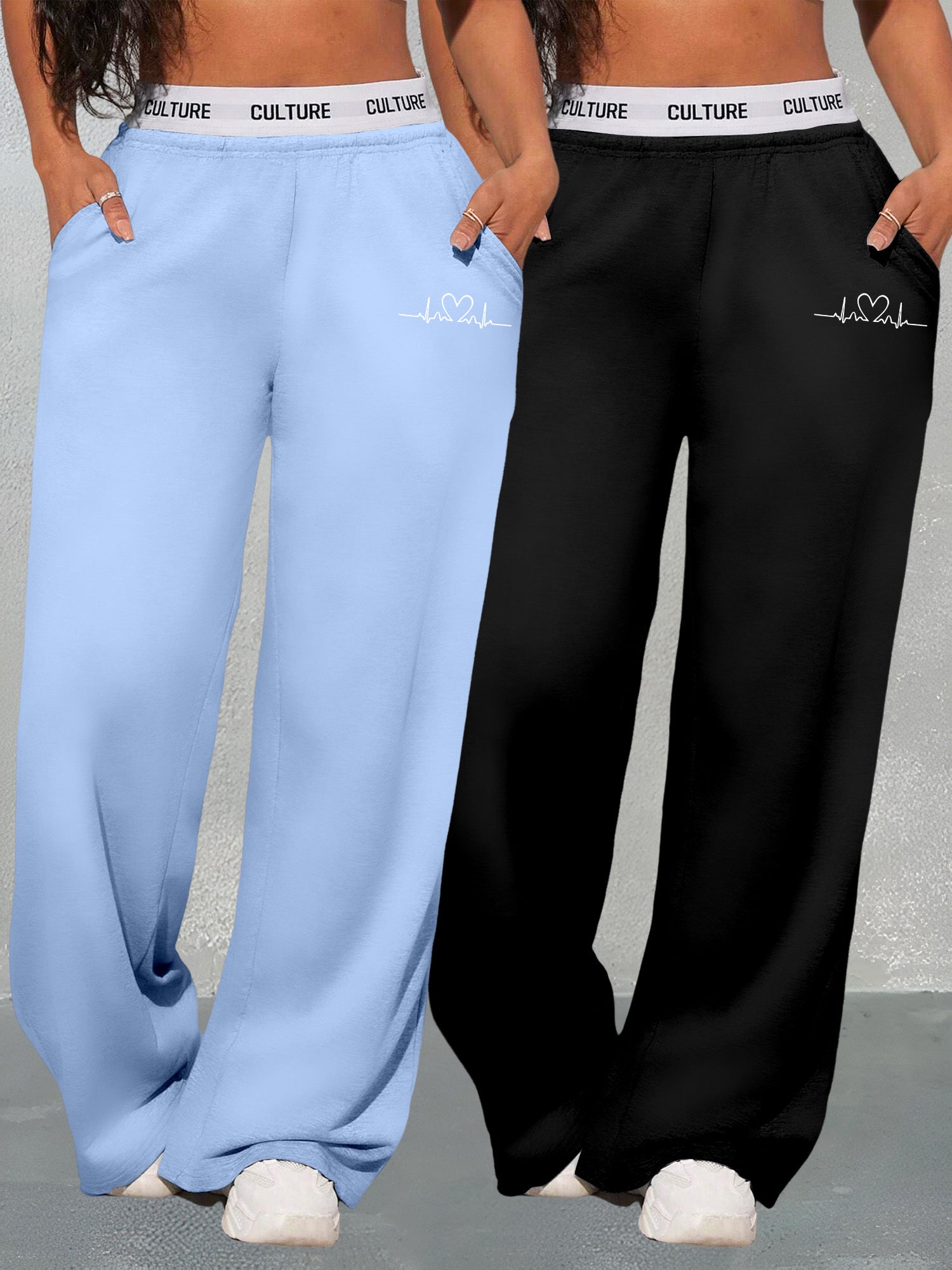 K6 Two-piece Women's Clothing Set with Geometric Pattern & Love Print Wide Leg Pants Loose Pocket Sweatpants Versatile High Waist Casual Long Pants