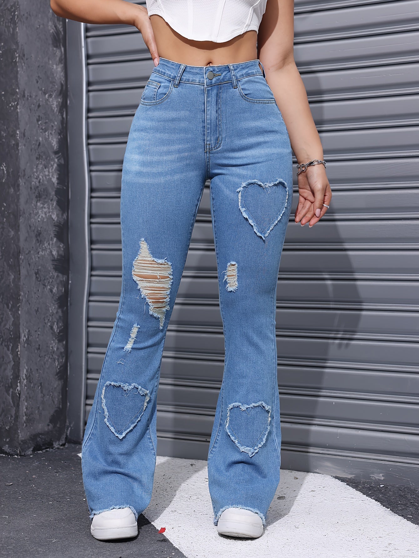 Women'S High-Stretch Flare Jeans with Heart Embroidery Patchwork - Trendy Distressed Denim Bell Bottoms, Comfortable & Versatile Light Blue Casual Pants